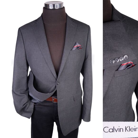 Calvin Klein Sport Coat Mens 42R Gray Micro Check Poly Blend 2 Button Dual-Vent - Picture 1 of 13